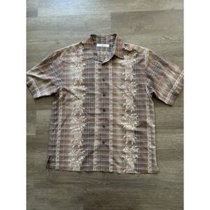 Tommy Bahama Shirt Mens L Brown Hawaiian Camp 100%‎ Silk Pineapple Check Button